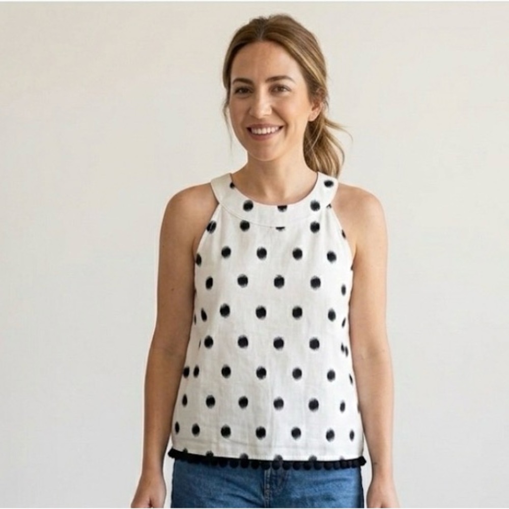 NWT Ann Taylor Black & White Polka Dot Linen Blend Sleeveless Tank Top - Size M